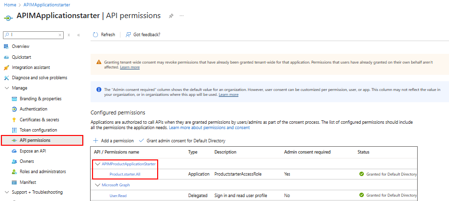 Screenshot of API permissions in the portal.