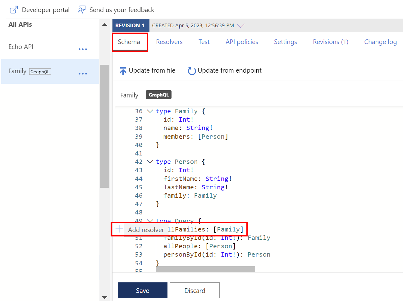 Screenshot of adding a resolver from a field in GraphQL schema in the Azure portal.