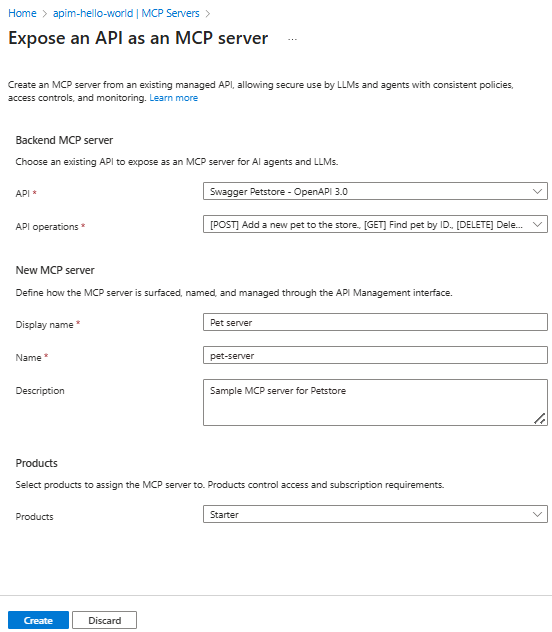Screenshot of creating an MCP server in the portal.