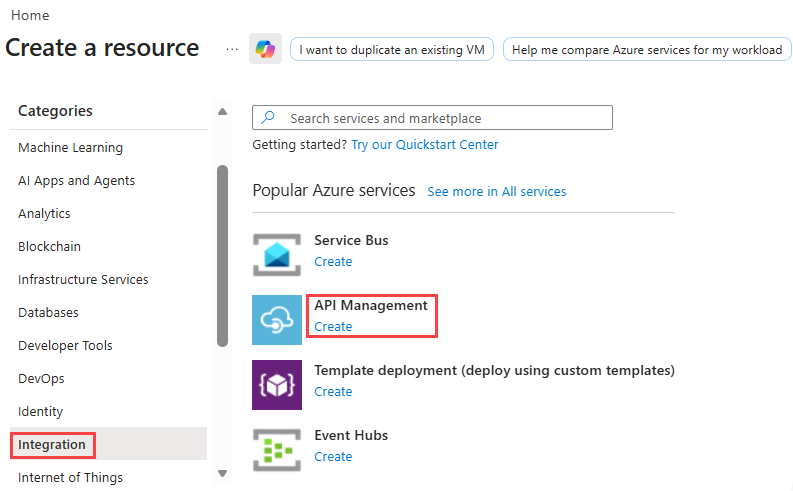 Screenshot showing the Create a resource screen with API Management highlighted.