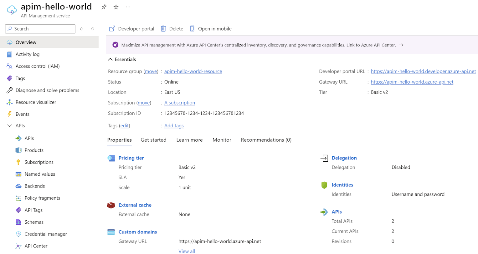 Screenshot showing the overview section of your API Management instance.