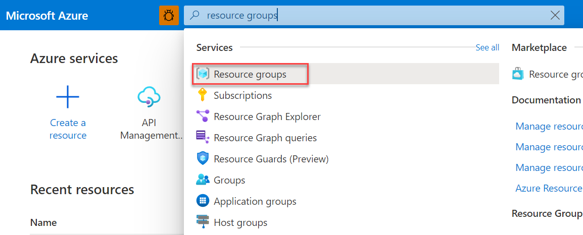 Screenshot showing Resource groups in the portal search bar.