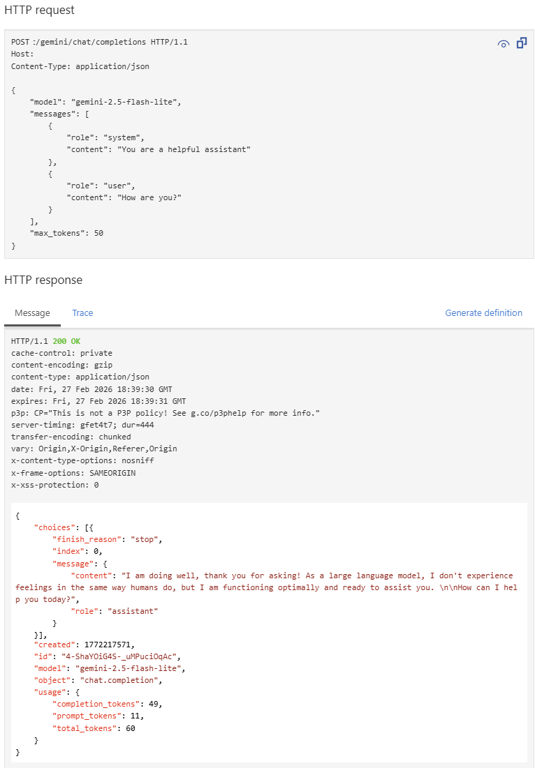 Screenshot of testing a Gemini LLM API in the portal.