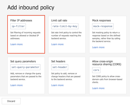 Screenshot showing the Filter IP addresses policy tile.