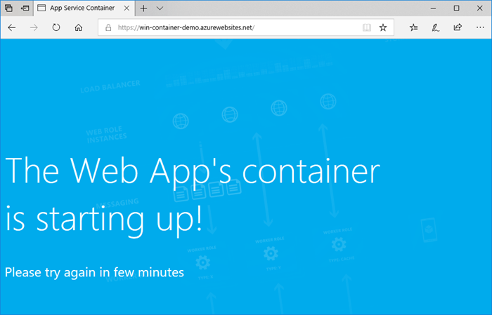 Screenshot that shows a Windows custom container starting.