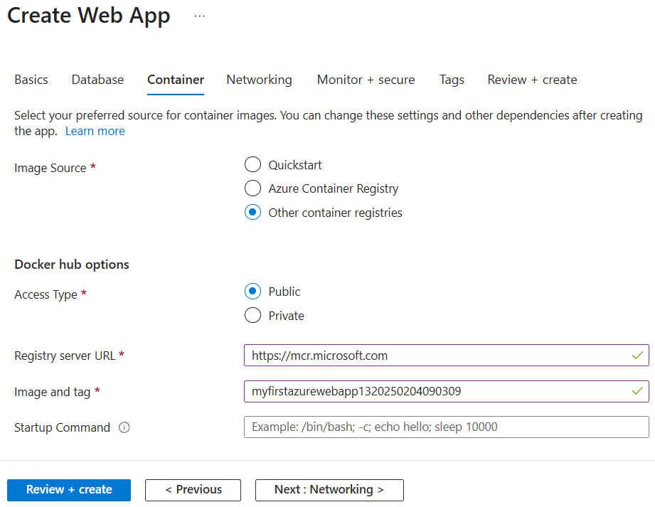 Screenshot that shows how to configure your web app for containers.