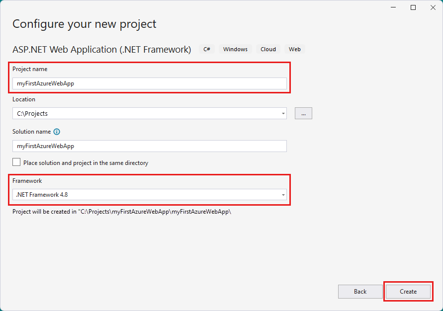Screenshot that shows Configure your web app project.