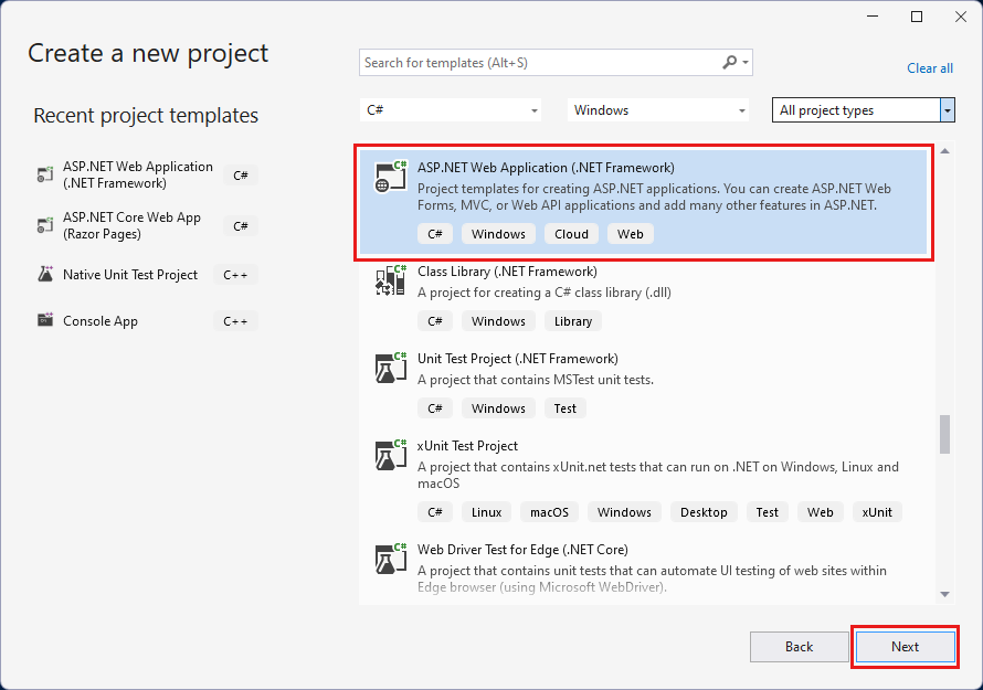 Screenshot that shows the Create a new project dialog.