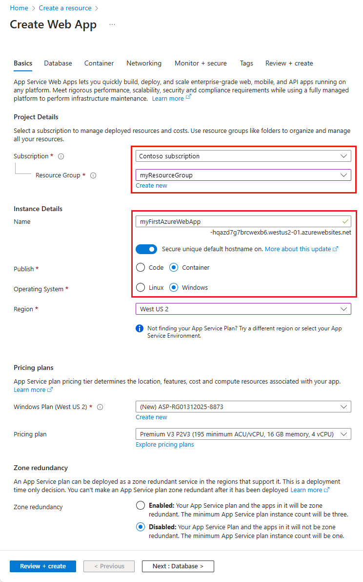 Screenshot that shows how to create a web app for containers.