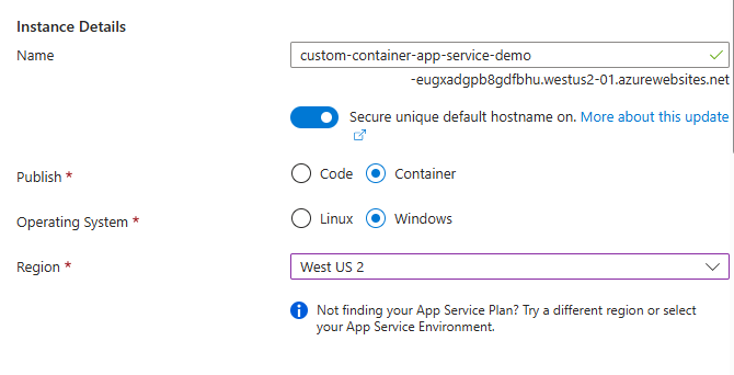 Screenshot that shows the Instance details section where you provide a name for the virtual machine and select its region, image, and size.