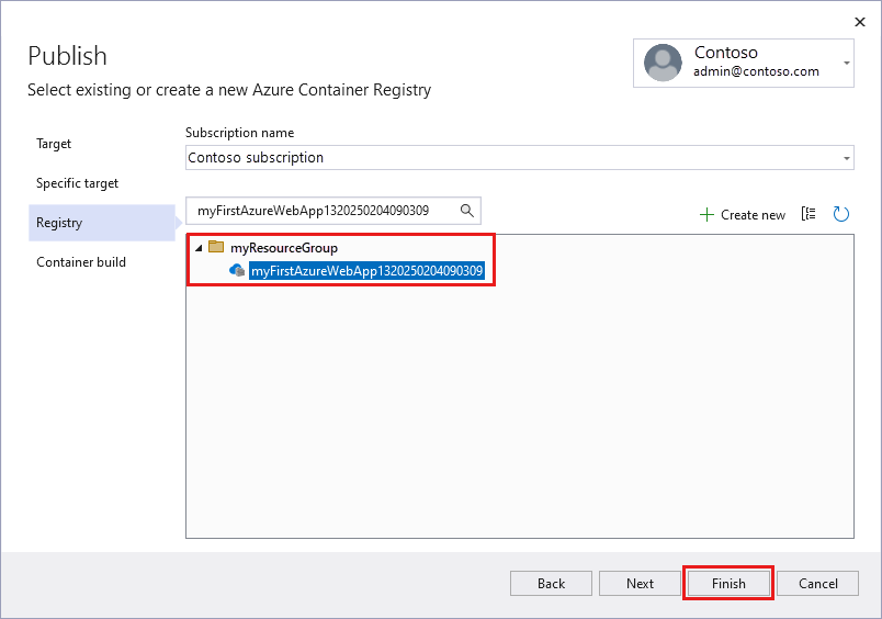Screenshot that shows the Select existing Azure Container Registry screen.