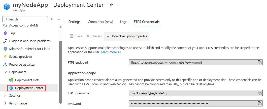 Screenshot that shows the FTPS deployment credentials tab.
