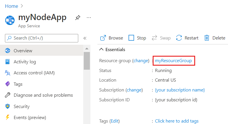 Screenshot of resource group in App Service overview page.
