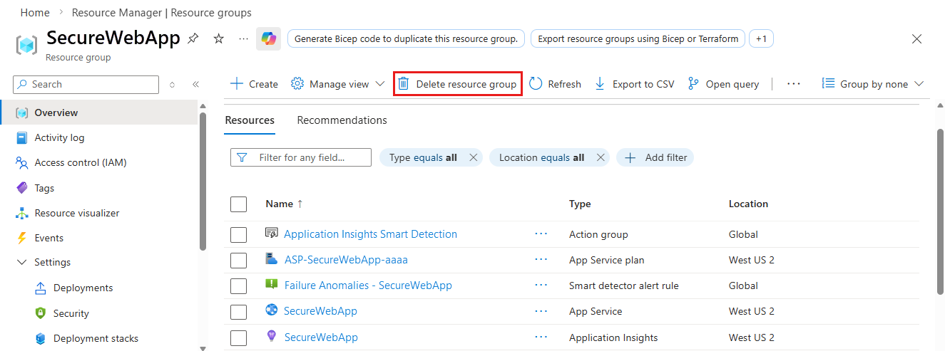 Screenshot that shows deleting the resource group.