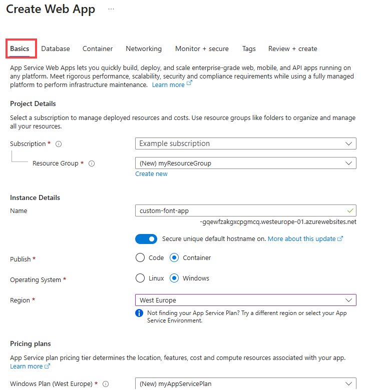 Screenshot of the Basics tab that's used to configure the web app.