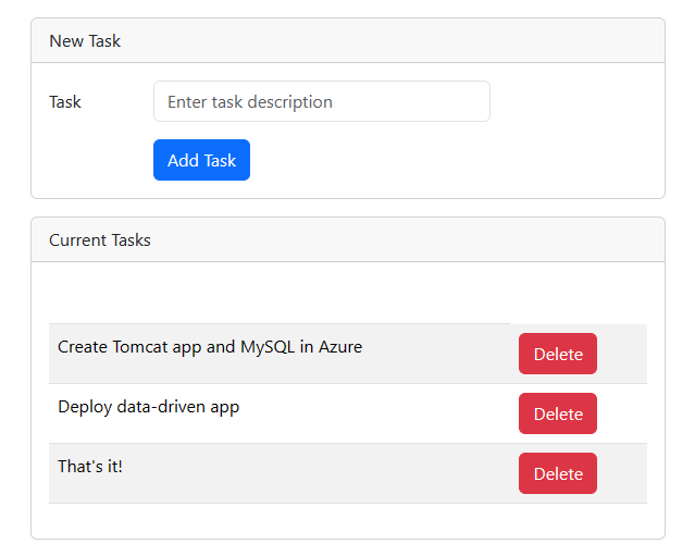 Screenshot of Tomcat application storing data in MySQL.
