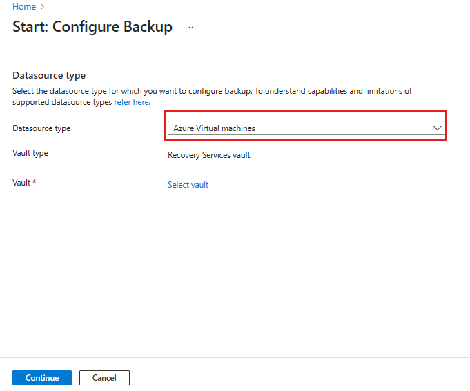 Screenshot that shows the Start: Configure Backup pane.
