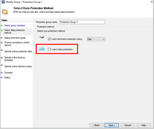 Screenshot that shows selecting the data protection method.