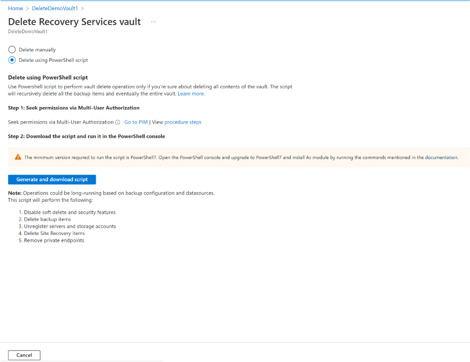 Screenshot that shows the process to generate the delete vault PowerShell script.