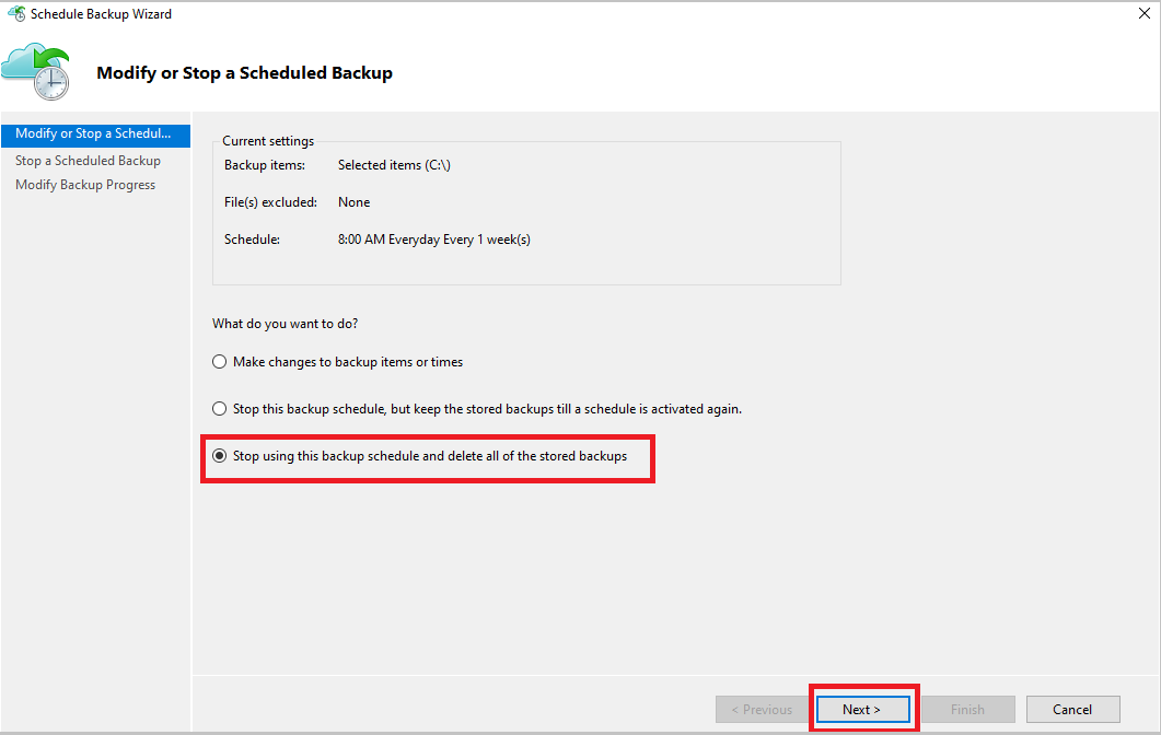 Screenshot that shows modifying or stopping a scheduled backup.