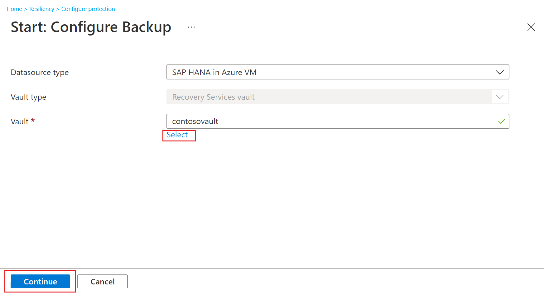 Screenshot that shows the selection of a Recovery Services vault for SAP HANA database backup.