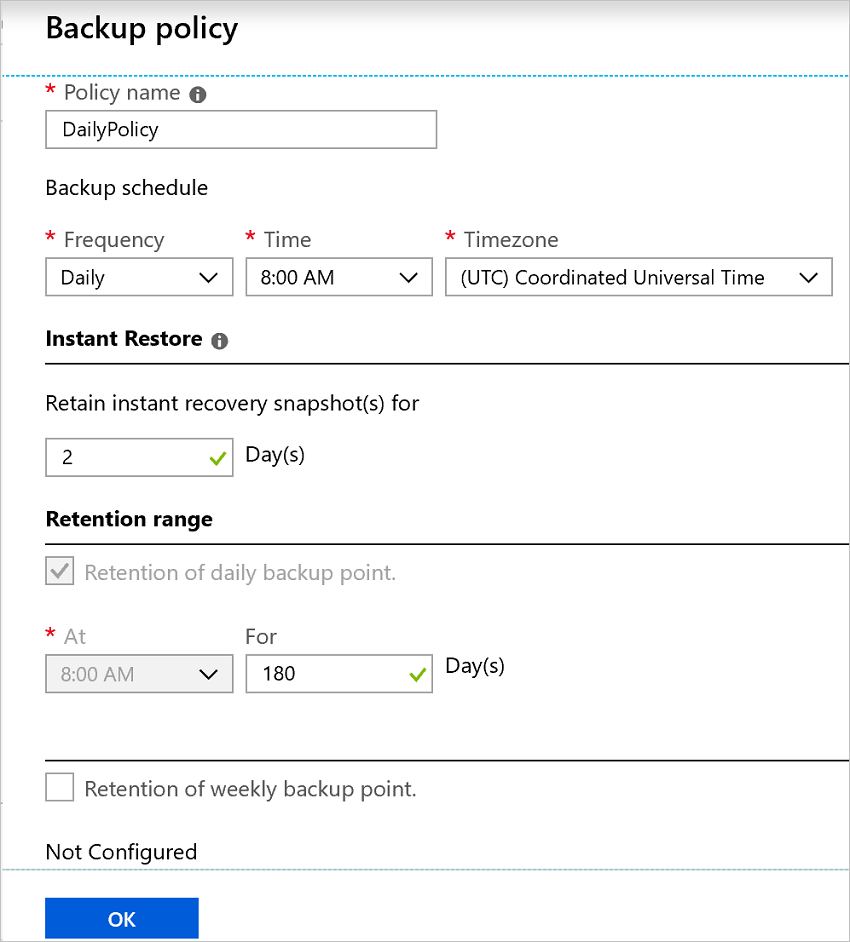 Screenshot that shows the default backup policy.