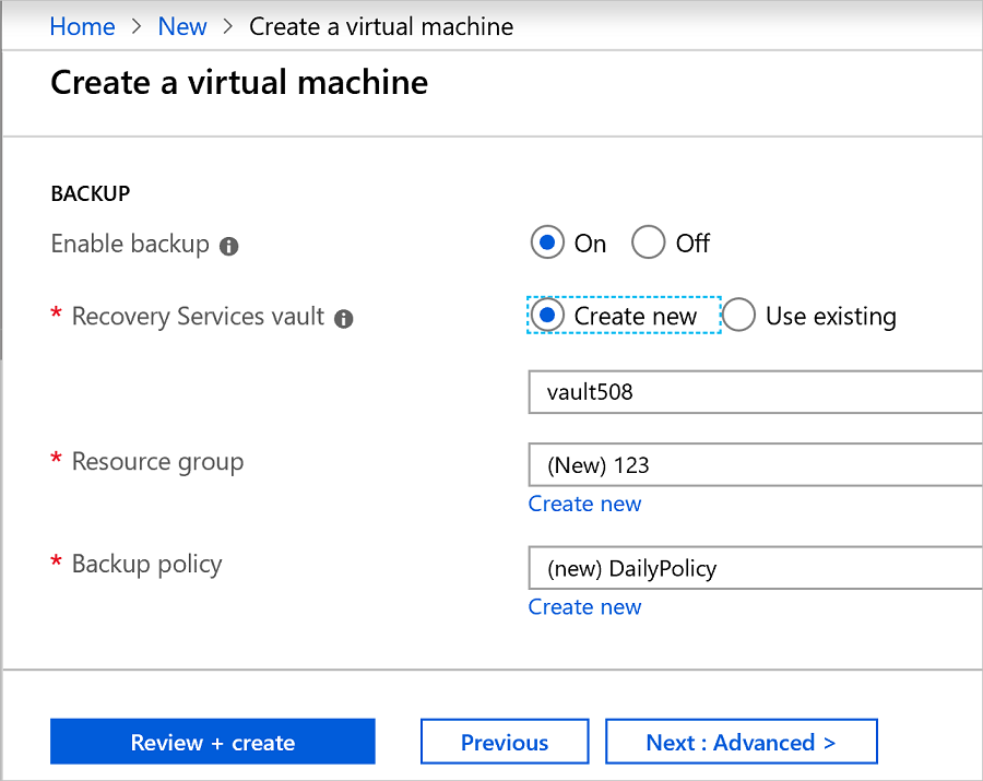 Screenshot that shows how to enable backup for a VM.