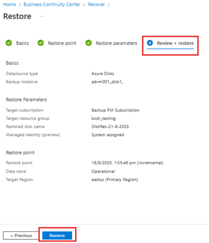 Screenshot shows how to start the Azure disk restore operation.