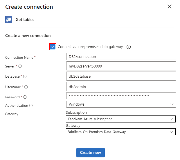 Screenshot shows the connection pane for on-premises databases.
