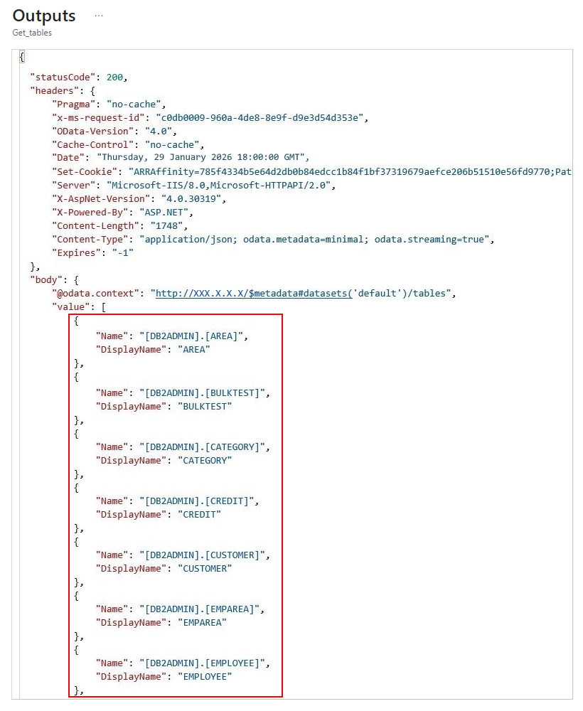 Screenshot shows the output from the Get tables action.