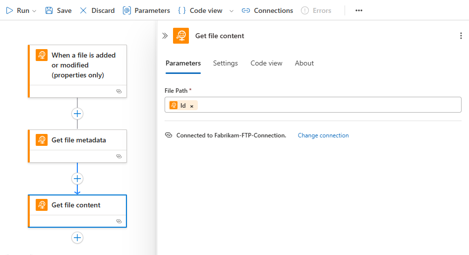 Screenshot shows workflow designer with Get file content action with File set to Id.