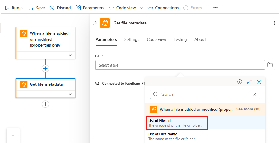 Screenshot shows workflow designer with the Get file metadata action dynamic content list opened and List of Files Id highlighted.