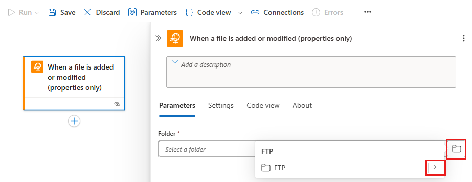 Screenshot shows workflow designer with FTP managed connector trigger with the option to select a folder.