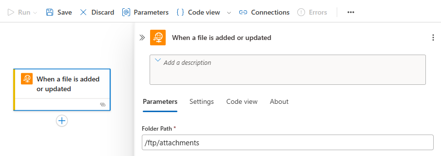 Screenshot shows workflow designer with the FTP built-in trigger and Folder path with the specific folder path to monitor.