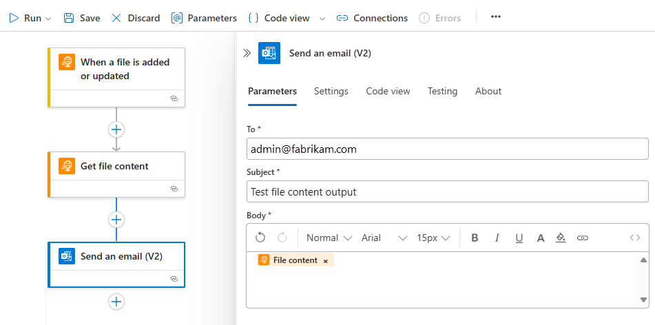 Screenshot shows workflow designer with Send an email action with File content action output.
