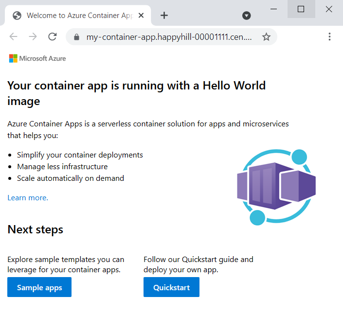 Screenshot of a browser page, with a message about the container app running with a Hello World image, plus other information about container apps.