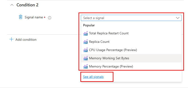 Screenshot of the metric explorer alert rule editor showing the Select a signal pane.