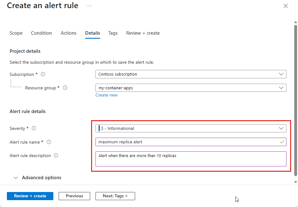 Screenshot of the alert details configuration page.