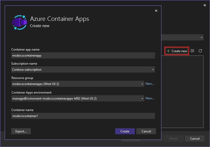 A screenshot showing how to create new Container Apps.