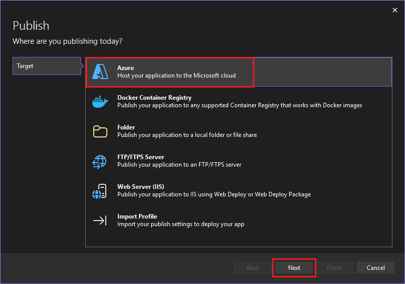 A screenshot showing to publish to Azure.