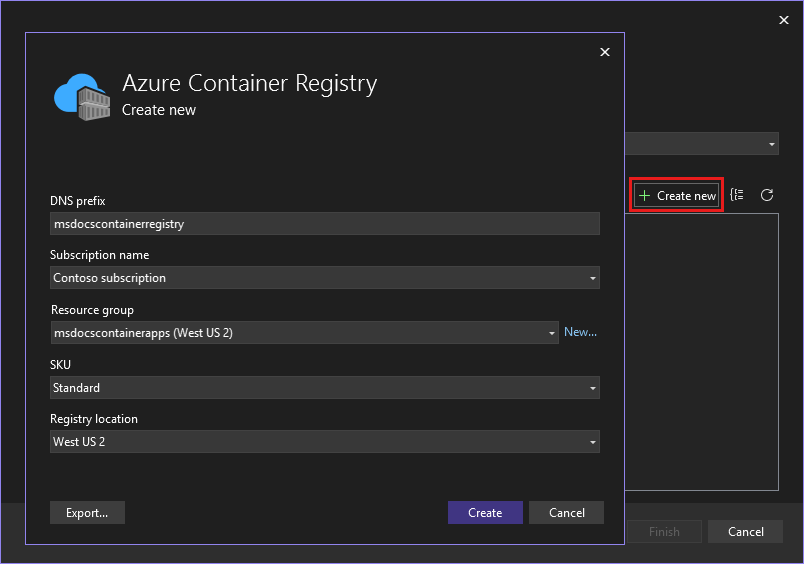 A screenshot showing how to create the container registry.