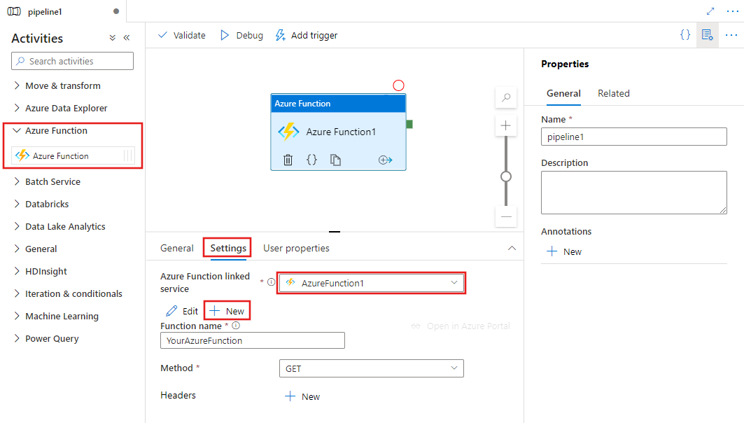 Screenshot of the UI for an Azure Function activity.
