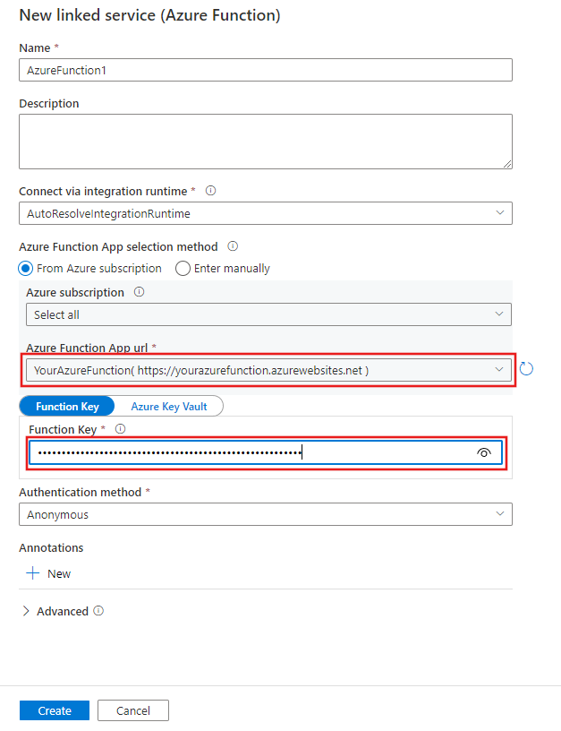 Screenshot of the new Azure Function linked service creation pane.