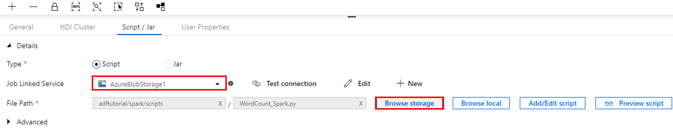 Specifying the Spark script on the "Script/Jar" tab