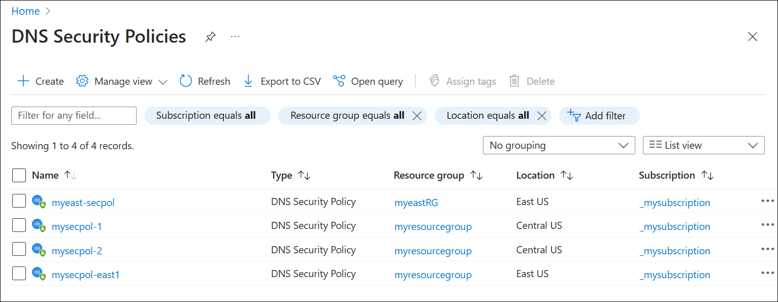 Screenshot of the list of DNS security policies.
