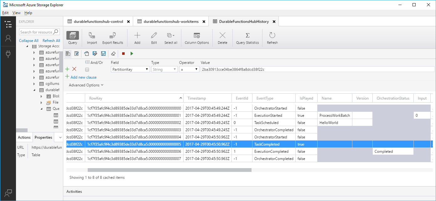 Screenshot of Azure Storage Explorer showing Durable Functions orchestration state in tables and queues.
