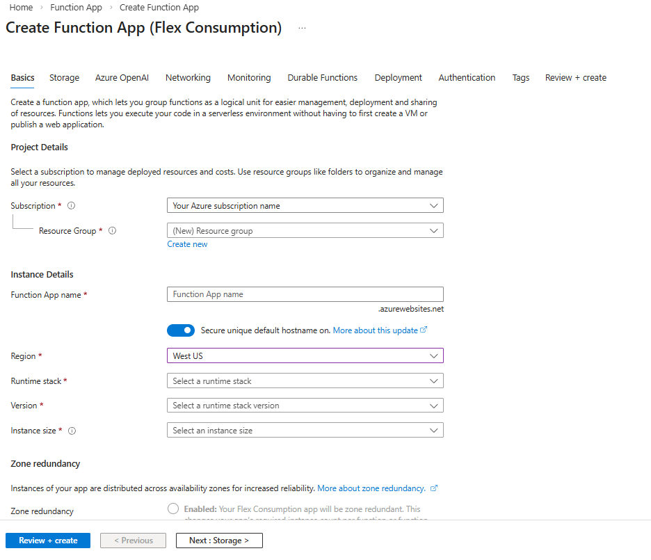 Screenshot of the Basic tab for creating a Flex Consumption plan Function app.