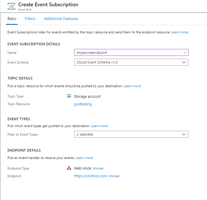 Screenshot of selecting endpoint type webhook in Azure portal.