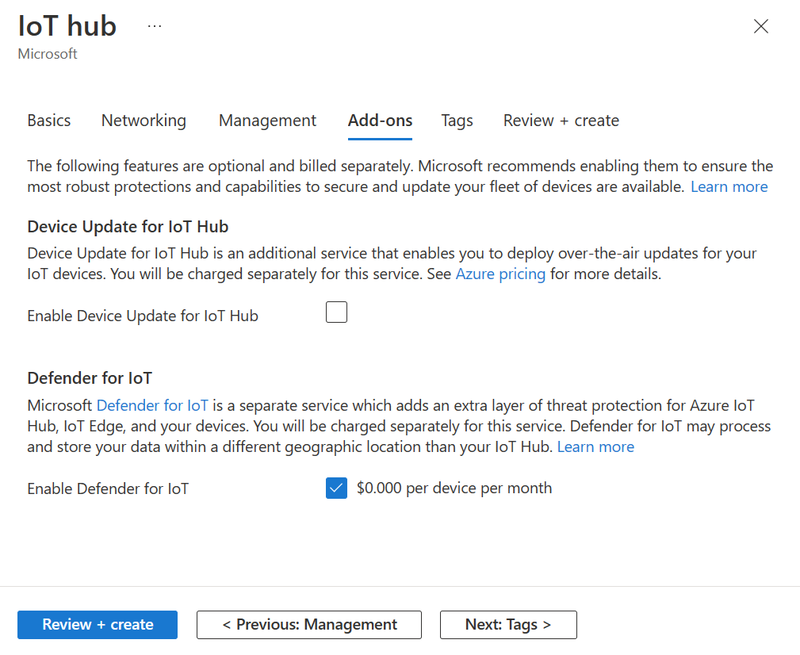 Screenshot that shows how to set the optional add-ons for a new IoT hub.