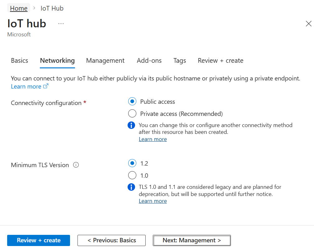 Screenshot that shows how to choose the endpoints that can connect to a new IoT hub.